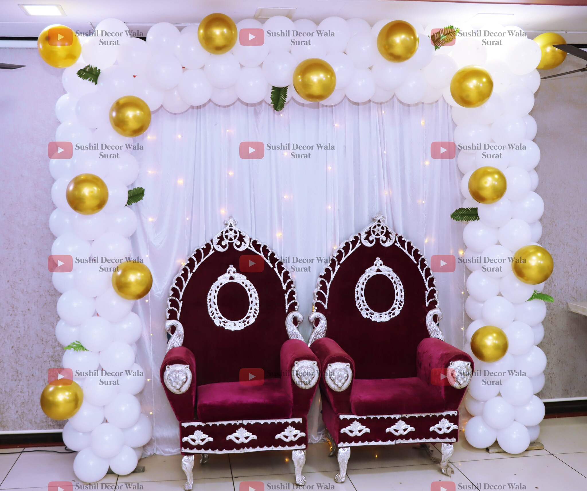 U- Shaped Couch Decorated with Flowers for Ring Ceremony | Elegant wedding  stage decoration with flowers and curtains | Lights decoration for wedding  | Theme lights decoration for wedding | Lamp decoration